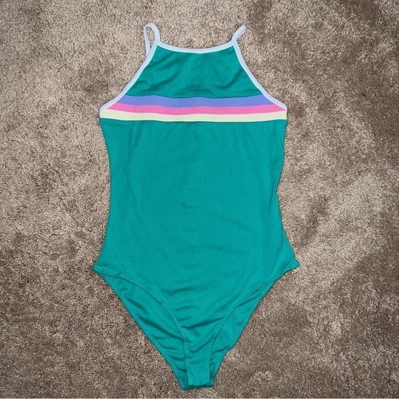 Forever 21 Green Bodysuit With White Trim and Colorful Band Across the Chest Med - Picture 7 of 8
